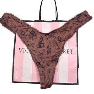 NWT Victoria's Secret High-Leg Thong Panty Brown Occult Print Lace Trim‎ L